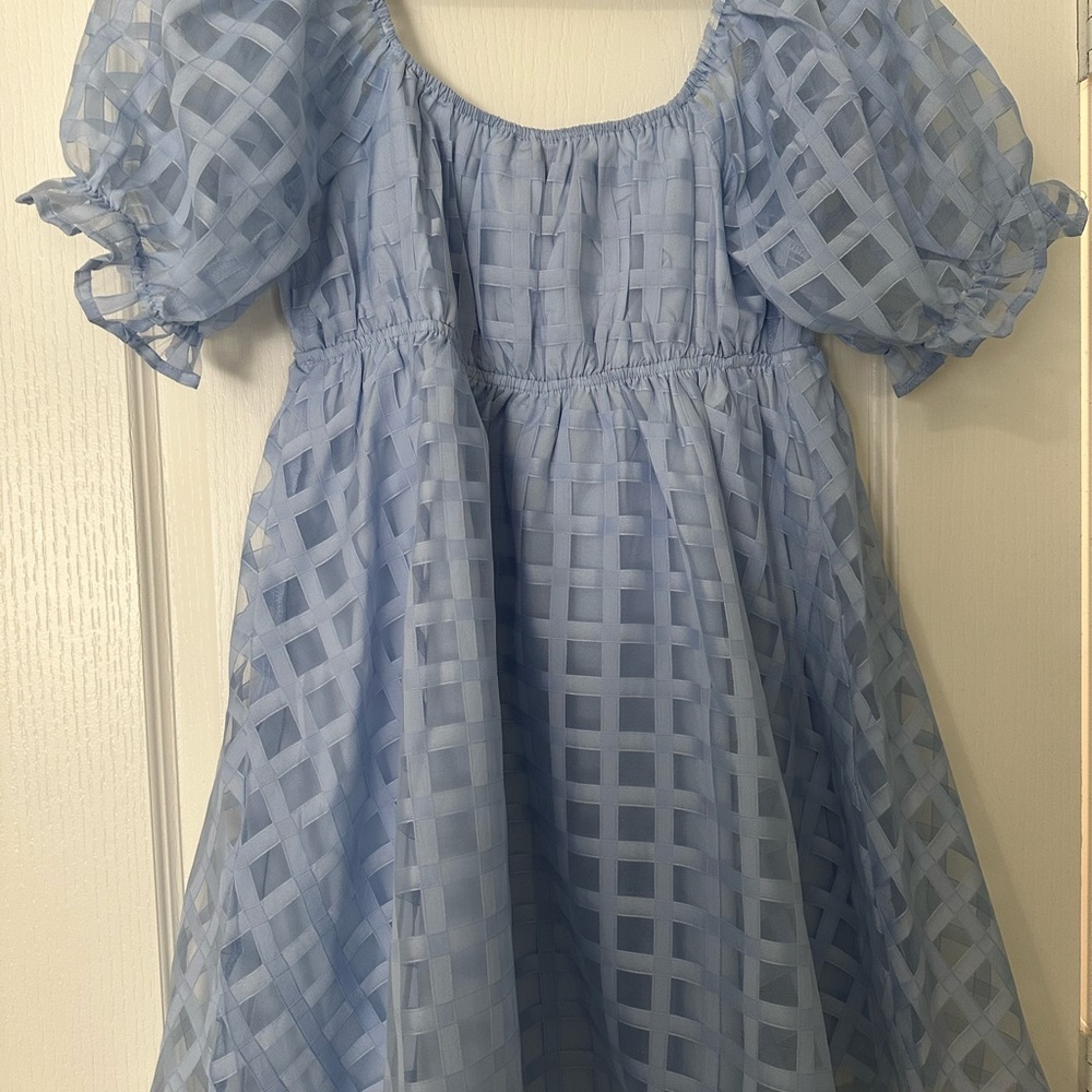 Blue Puff Sleeve Pleated Sundress